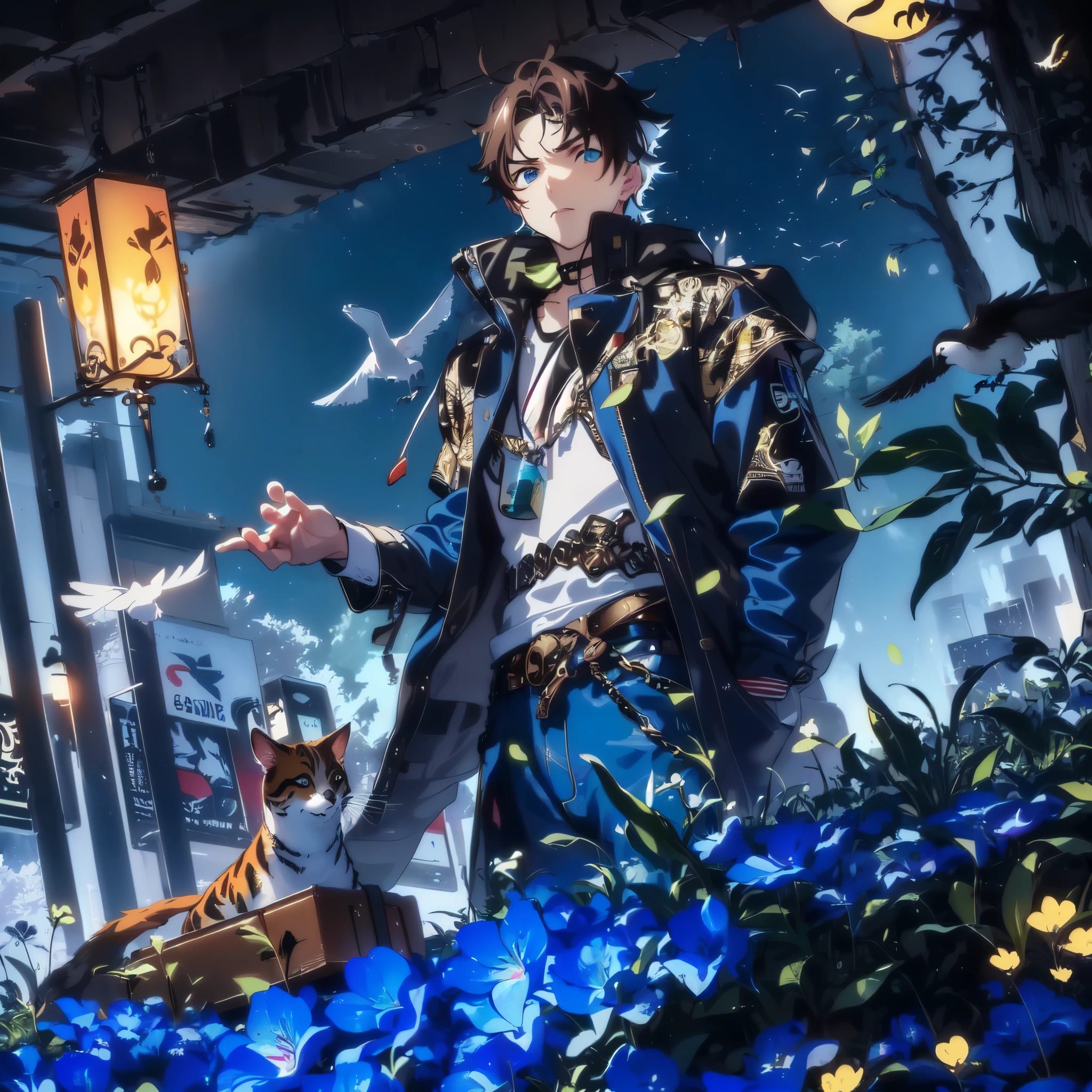 Modern urban characters have birds on their hands, young men, animals in the grass underneath, animals all look at the characters, anime faces, modern casual clothes