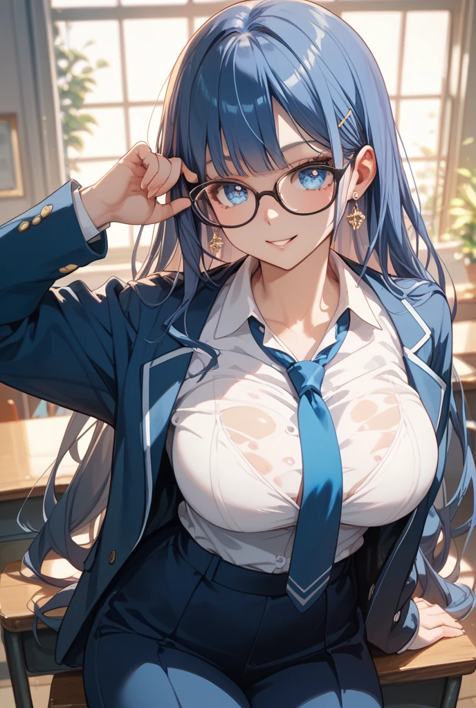 1girl, ((school uniform)), mature female, tall female, dark blue hair, black hair, long hair, wavy mouth, blue eyes, shy, timid, huge breasts, thick thighs, pantyhose, arms behind back, white skirt, skirt, red necktie, necktie, black jacket, jacket, pleated skirt, red glasses, glasses, ((black jacket)), ((white skirt)), ((red glasses))
