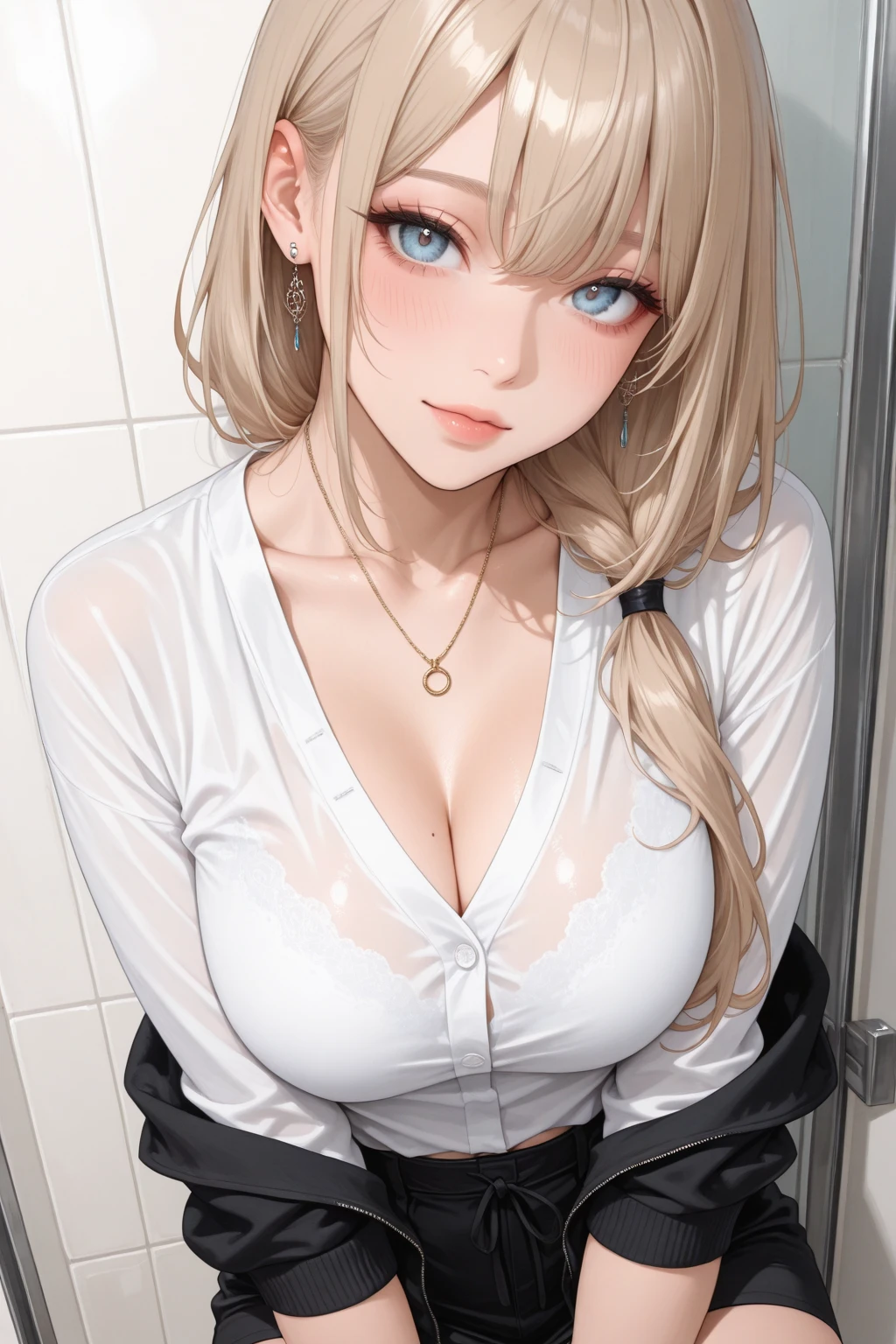 masterpiece, best quality, realistic, 1man, mature female needs to cum, quiet and charming young ,wet transparent blouse no bra, big pussy lips,hard nipples, hard clit, big juicy camel toe((huge big perfect breasts))deep cleavage , pinching nipple( extremely horny, big Clit poking panties ), closed mouth, portrait, extremely detailed face, ((dark grey eyes)), ((medium length wavy blonde hair)), [thin eyebrows],