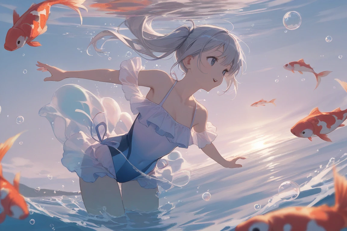 kawaii, anime style,masterpiece, best quality, ultra delicate, images of beautiful girls floating in soda, cider personification, 1girl, solo, age 16, a cool girl who is lovely, cute and ephemeral like a fairy. short silver hair and beautiful blue eyes, small_breasts and a slender but well-proportioned figure, white camisole-style one-piece swimsuit, (bubble:1.5),