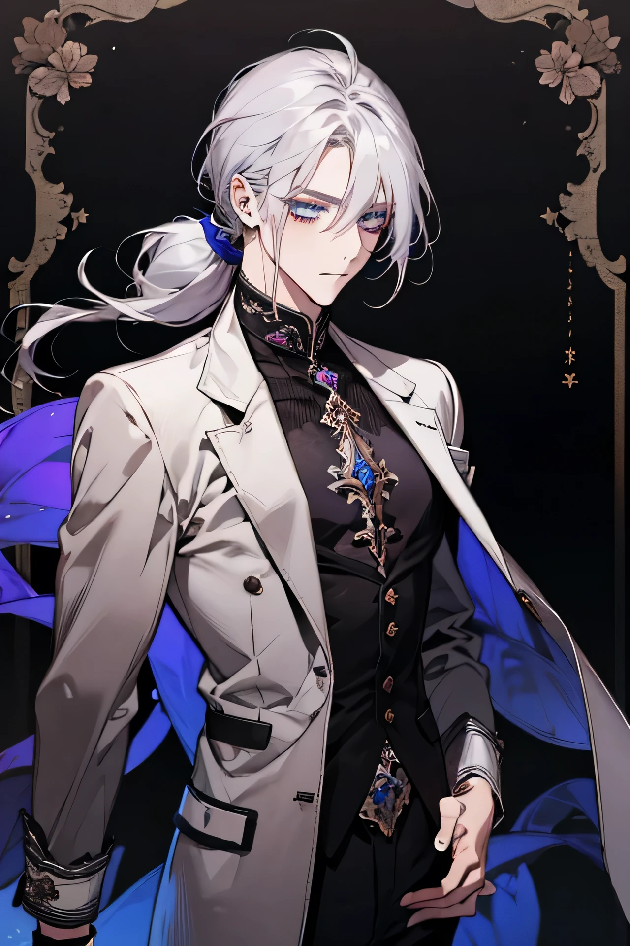 male, loose silver hair with bangs, Low ponytail, Blue eyes close to purple, slender