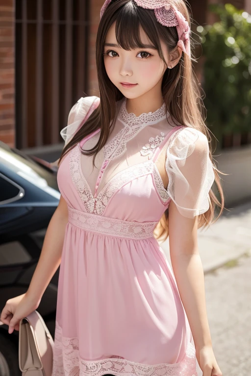 Paint-covered idol girl、whole body、Good style、、、、、、、Pink paint covered mini dress、、、Tanned thick legs、Night Town、Colorful Hair、、
