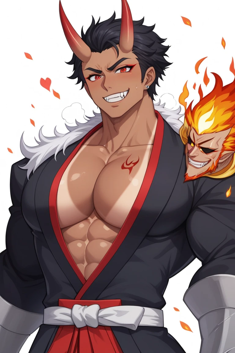 Meisterwerk, Top quality, 16K UHD, Stehen, 1 male fire genasi with orange skin, Feuer Zauberer, kein Oberteil, Free upper body, Sixpack-Muskeln, muscular physique, elegante schwarze Hose, feuriges brennendes Flammenhaar, Feuermagier, a swirling fireball hovers above his left hand, Magische-Kulisse, selbstbewusste Pose, devilish smile. Hochdetaillierte Gesichts- und Hautstruktur, detaillierte Augen, eckige Augenbrauen, Bernsteinfarbene Augen mit Funken, fine facial features, chiseled jawline, Shiny orange skin with smoky undertones
