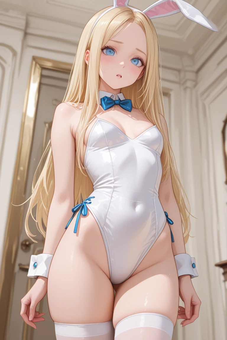 realisitic、masterpiece、a blond、top-quality、dress room、1womanl、ultra gigantic tits、Elven ears、Navy blue school swimsuit、(Swimwear is a very small size)、Futomo、White elbow gloves、White Thigh Socks、A frustrated look on his face、Full-body image、