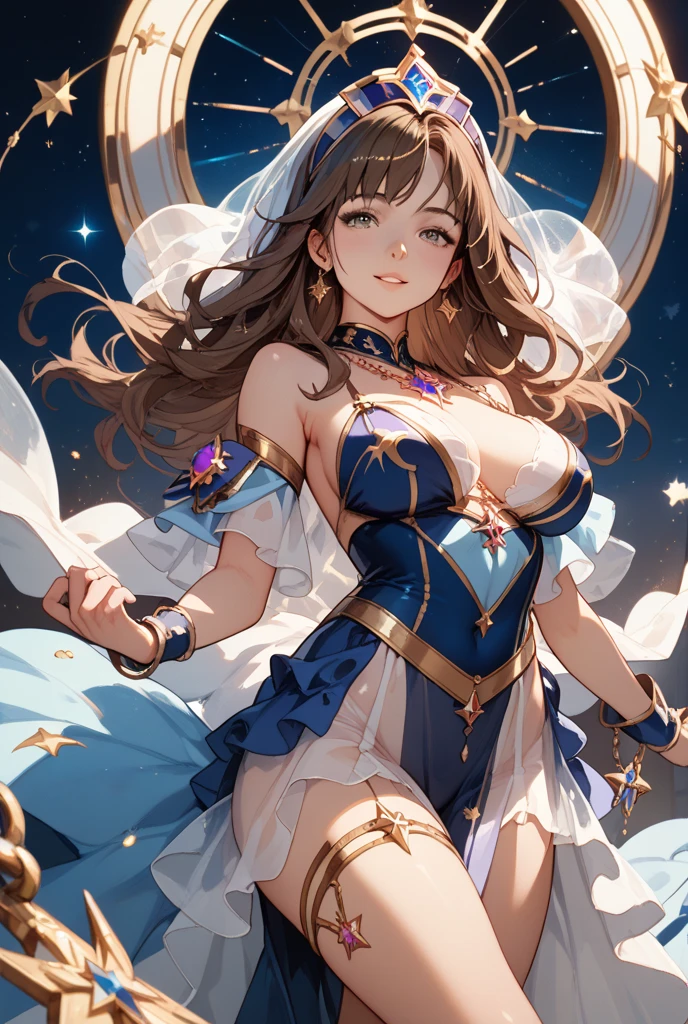 a woman, a beautiful woman, brown hair, bright violet eyes, curvy body, angelic clothes, lights, angel wings, beautiful face, smiling, holding divine sword, sword of light, (best quality,4k,8k,highres,masterpiece:1.2),ultra-detailed