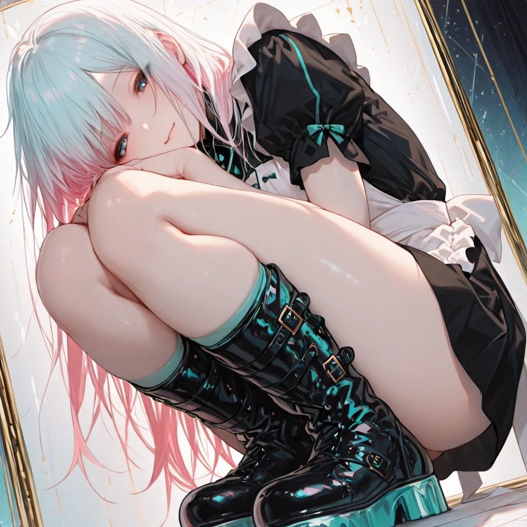 1girl, white hair, short twintails, extremely happy, cheerful, pink eyes, wearing plain black shirt, pink skirt, looking at viewer, no hat, holding orange glowsticks in hands, revealing underwear, medium breasts showing, side view
