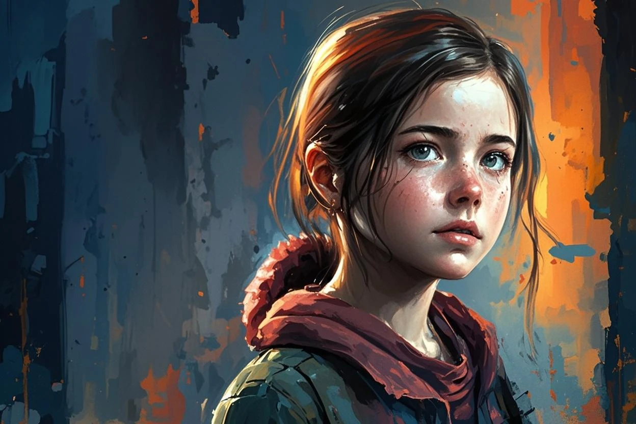 uma foto com cores ao fundo, de uma menina com um olhar triste, Ellie (last of us), Ellie, the Last of Us, arte digital de videogame, Art not Guweiz style, Luscious ) In The Last of Us, Wojtek FUS, arte do retrato do personagem, last of us, retrato da arte do personagem, Iconic character of high detail, Pintura Digital HD