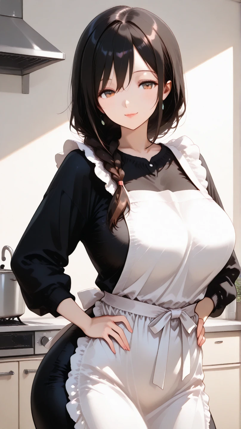 Masterpiece,Large Breasts,Wearing only an apron,Attractive cleavage,Expose,Show me your thighs、On the bed、Show me your shorts、Greige hair、Black hair tip