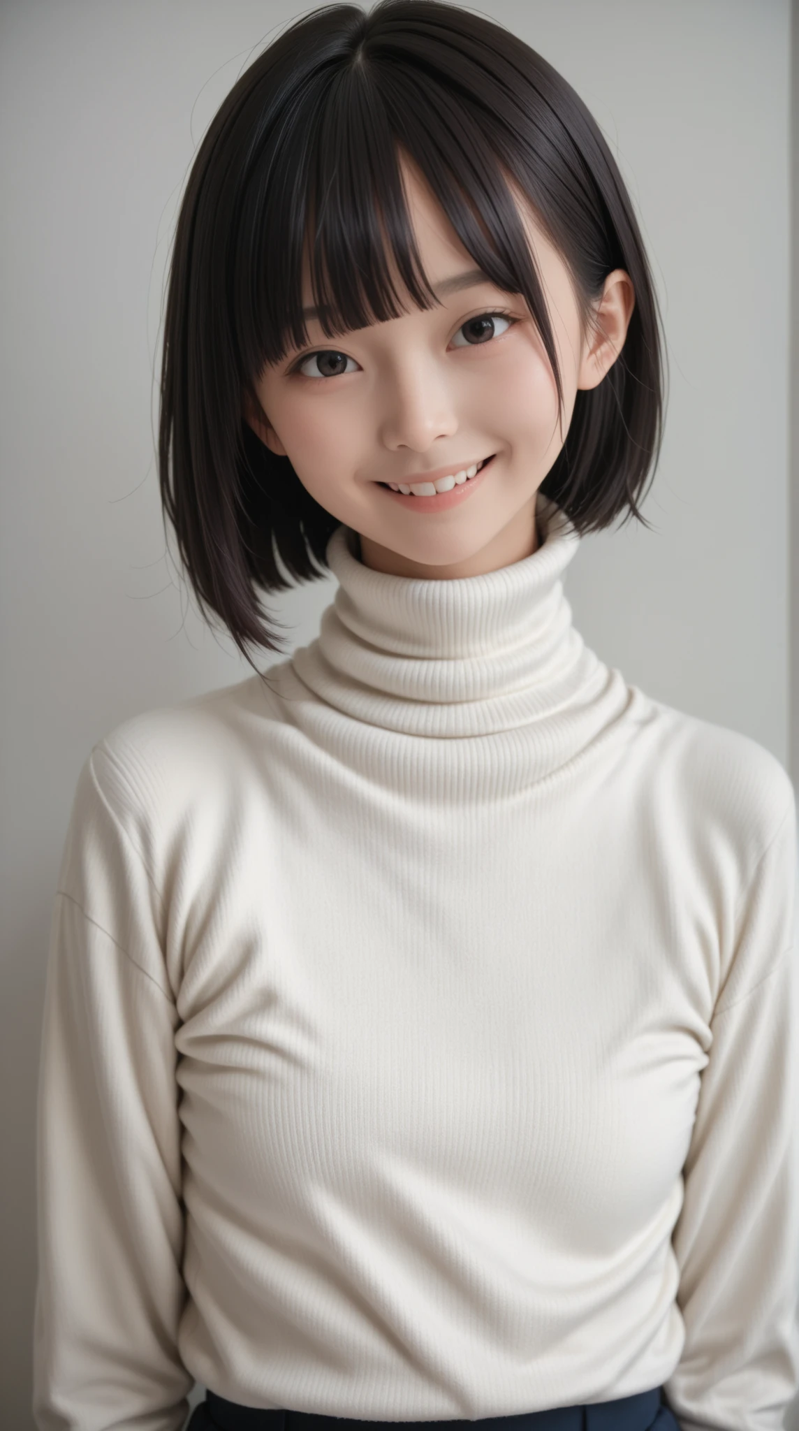 8K, ultra-realistic, highly detailed, photo-like, studio photography portrait. Perfect lighting, soft shadows, lifelike skin texture, shallow depth of field.
A Japanese high school girl with straight black hair in a blunt bob with straight bangs, smiling and wearing a navy turtleneck sweater. A chest-up portrait viewed from the front. The background is a plain white studio wall. She is fully clothed with no skin exposure.