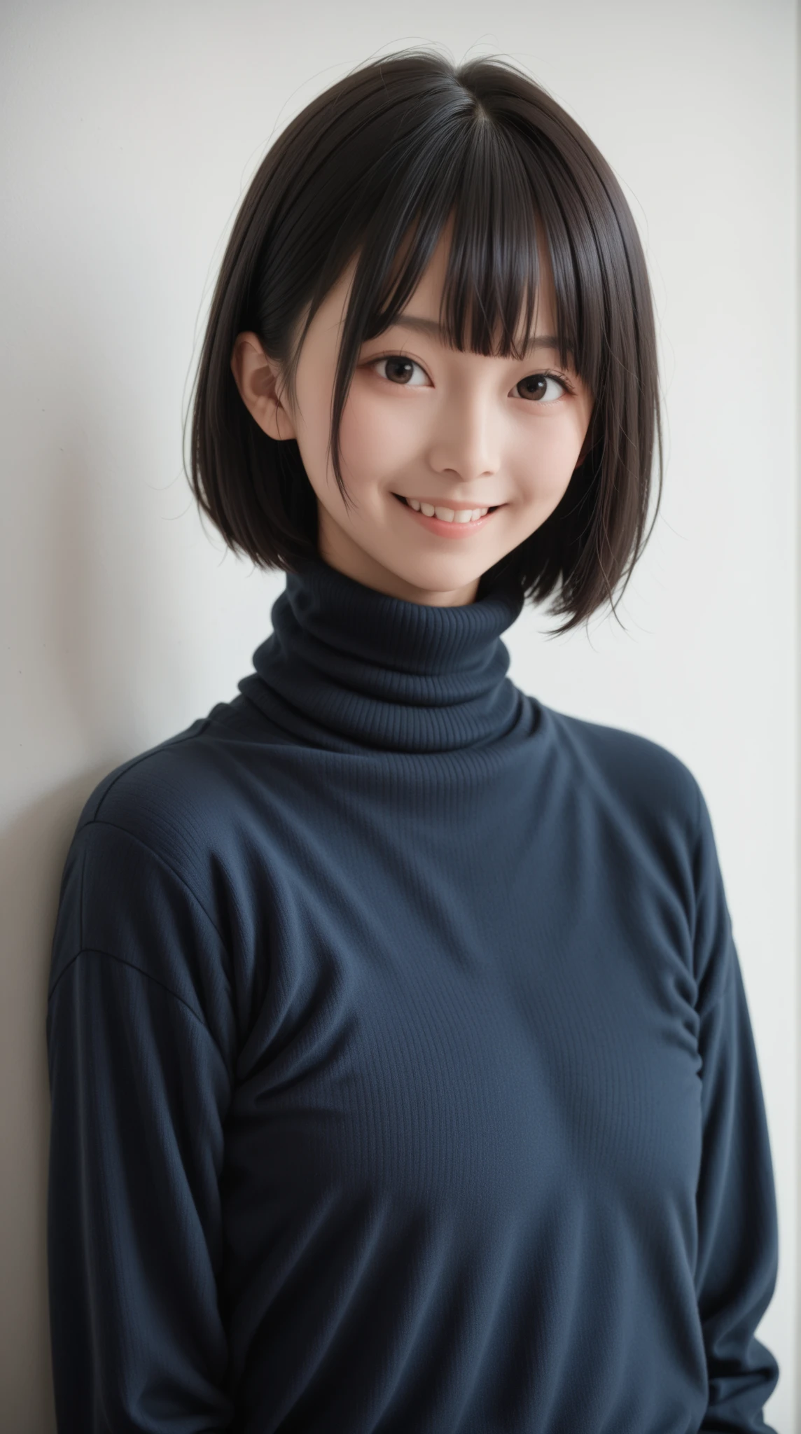 8K, ultra-realistic, highly detailed, photo-like, studio photography portrait. Perfect lighting, soft shadows, lifelike skin texture, shallow depth of field.
A Japanese high school girl with straight black hair in a blunt bob with straight bangs, smiling and wearing a navy turtleneck sweater. A chest-up portrait viewed from the front. The background is a plain white studio wall. She is fully clothed with no skin exposure.