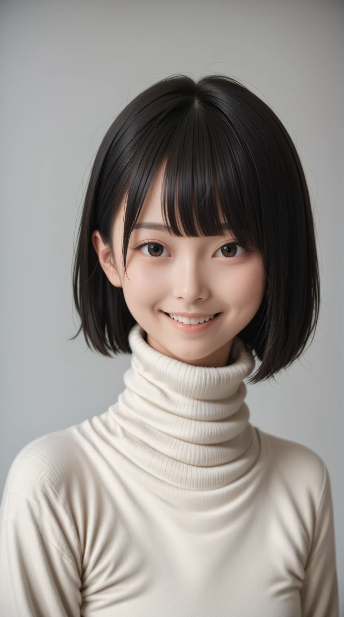 8K, ultra-realistic, highly detailed, photo-like, studio photography portrait. Perfect lighting, soft shadows, lifelike skin texture, shallow depth of field.
A Japanese high school girl with straight black hair in a blunt bob with straight bangs, smiling and wearing a navy turtleneck sweater. A chest-up portrait viewed from the front. The background is a plain white studio wall. She is fully clothed with no skin exposure.