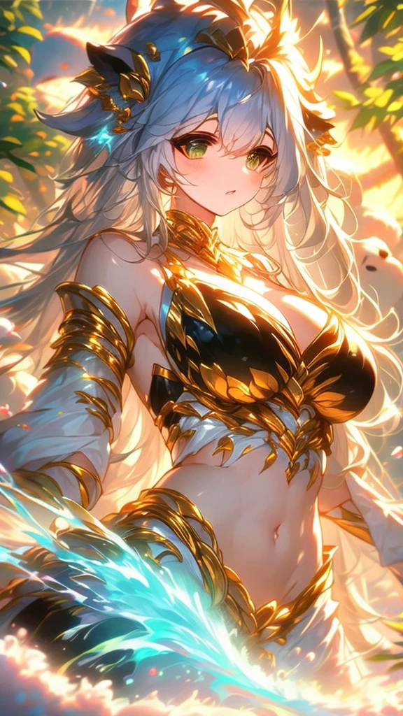 In the sky、Demon of Justice、Light and Dark Magic、Gray Hair、Belly Dance Cosplay、gem、Magic stone、、Saint Seiya、Holy Vestment、Camel Toe、Giant tit、Nipple Puffs、Cleavage、Plump、Super big breasts、Super big butt、Earrings、Earrings、necklace、Thick lips、Heterochromia、Bracelet、Caster wheel、first round、Hair Charm、Lip gloss、(Frilled Skirt、Pareo、Angel Halo、See-through)、magic circle、Dance Void Technique、aura、The wind is blowing、Skirt flip、Cowboy Shot