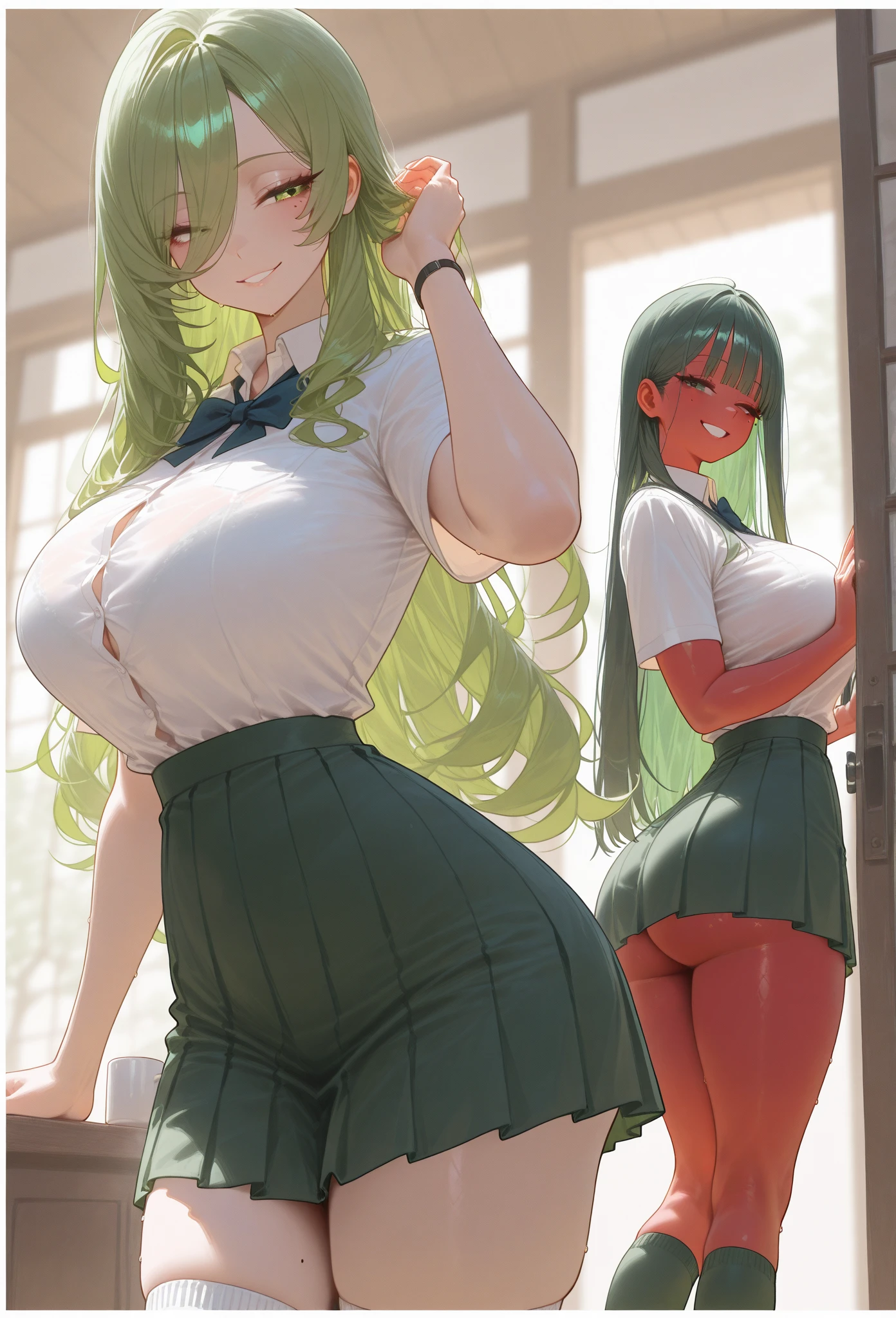 (Perfect body),best quality,(8K Portrait),(official art)、(((((a smile))))、(((forehead)))、open mouth、(((blush))),(Sweat),((((Large Breasts))))、 protrude、((((Big Ass))))、(((obesity)))、(Green Hair),((Long-haired))、(Green Eyes),(((Thick thighs)))、(((Red knitted sweater)))、(((Black pencil skirt)))、(Glasses)、Adult women、Cowboy shooting、((用右手触摸Glasses))、(((Left hand on hip)))、(armpit)、permanent、(((Classroom)))、