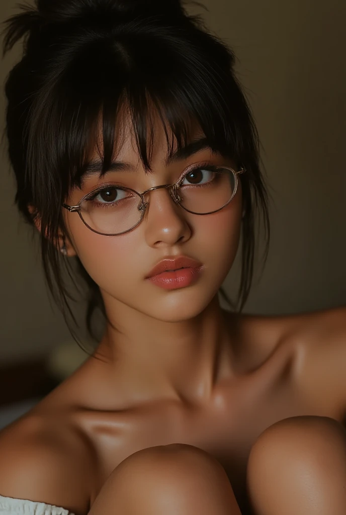 Amazing portrait of a sexy and cute woman with a beautiful face and her black hair in a ponytail wearing glasses and her perfect lips are parted wearing a purple knitted off shoulder sweater showcasing her bare shoulders and black pants while lying on bed having her head on pillow facing up while seductively gazing and smiling and blushing intensely having a medium chest with cleavage and a perfect body 