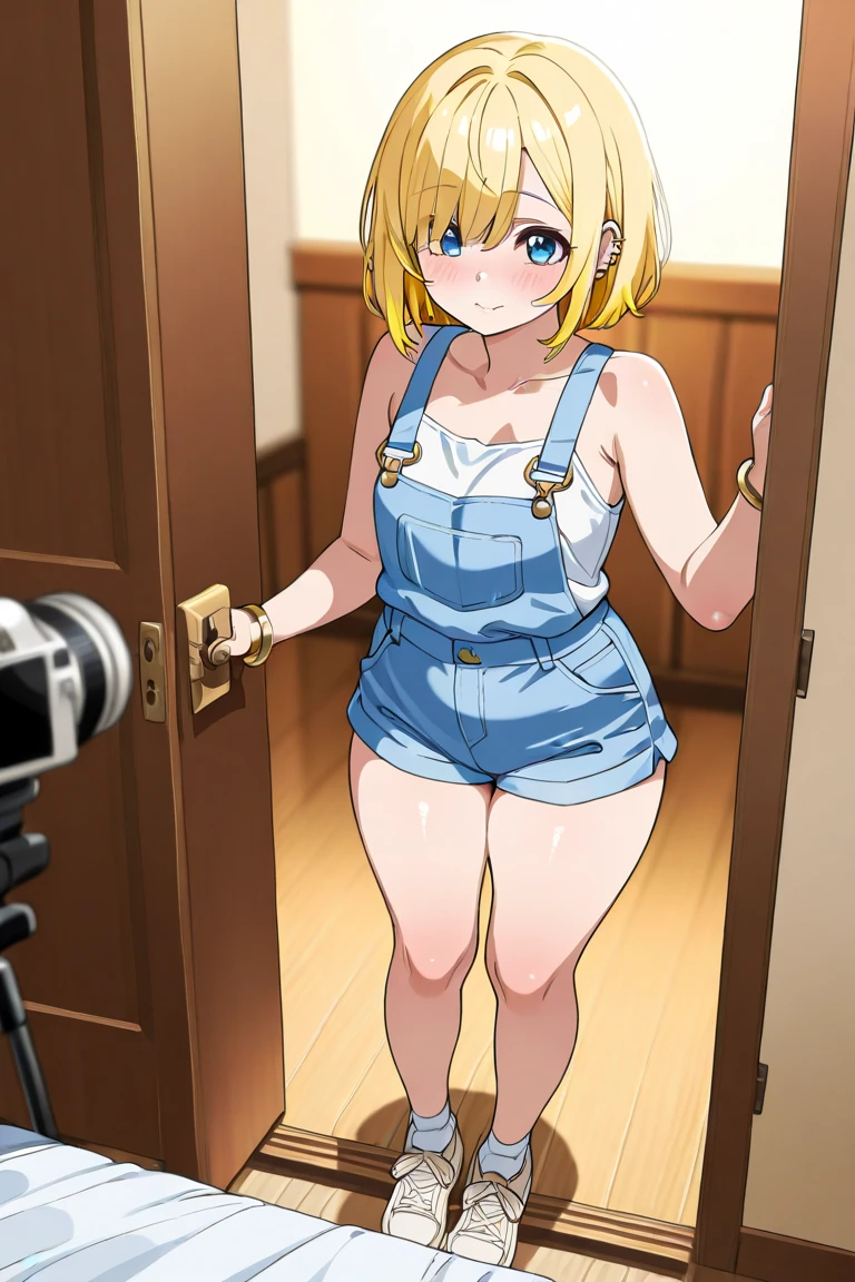 masterpiece, best quality, erwindef, 1girl, blonde hair, dark brown eyes, solo, small medium breasts, naked body, nude, full nude, black socks, standing frontally, casual pose, pov, looking at viewer, full body, indoors, locker room, smile, detailed hands, five fingers, female genitals