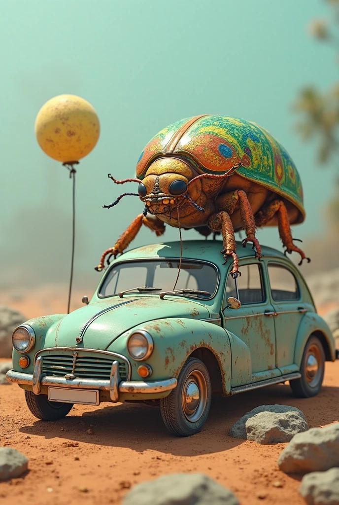 damaged Surrealist painting, (peeling paint on sandpaper:1.2). A grotesque mature female porcelain doll hatching from a (British racing green:0.5) Lizard in a decrepit summer landscape, hills. (Large patches of broken paint reveal a world of vintage car). Intricate details. copper-tinted, white filigree patterns. Symbolism <lora:Brushed_Steel_Style_SDXL:0.75>