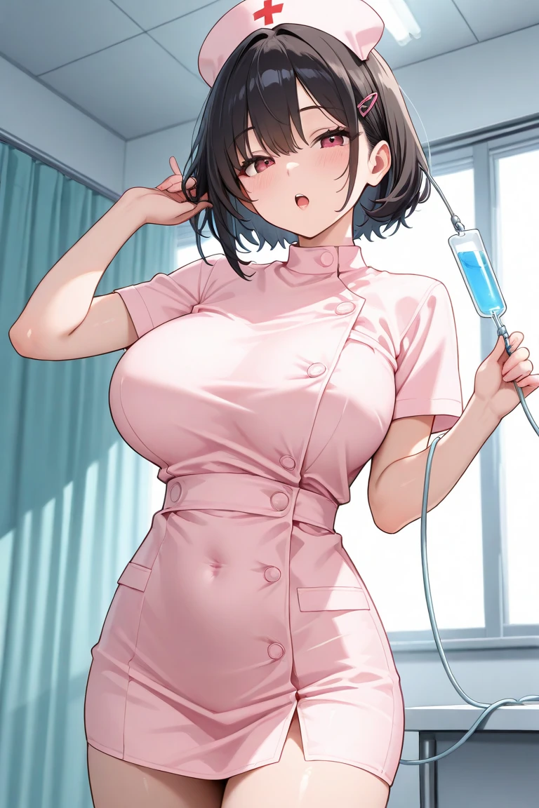 (Highest quality, Very detailed, High resolution, 8k images), ((nurse,Nurse uniform)),(((Squat with your crotch wide spread))), Fine and beautiful eyes,Perfect Proportions,(Overflowing big), Very beautiful and cute girl,22 years old,(anime),Kamimei,alone,Perfect Skin,(full body),(hospital)