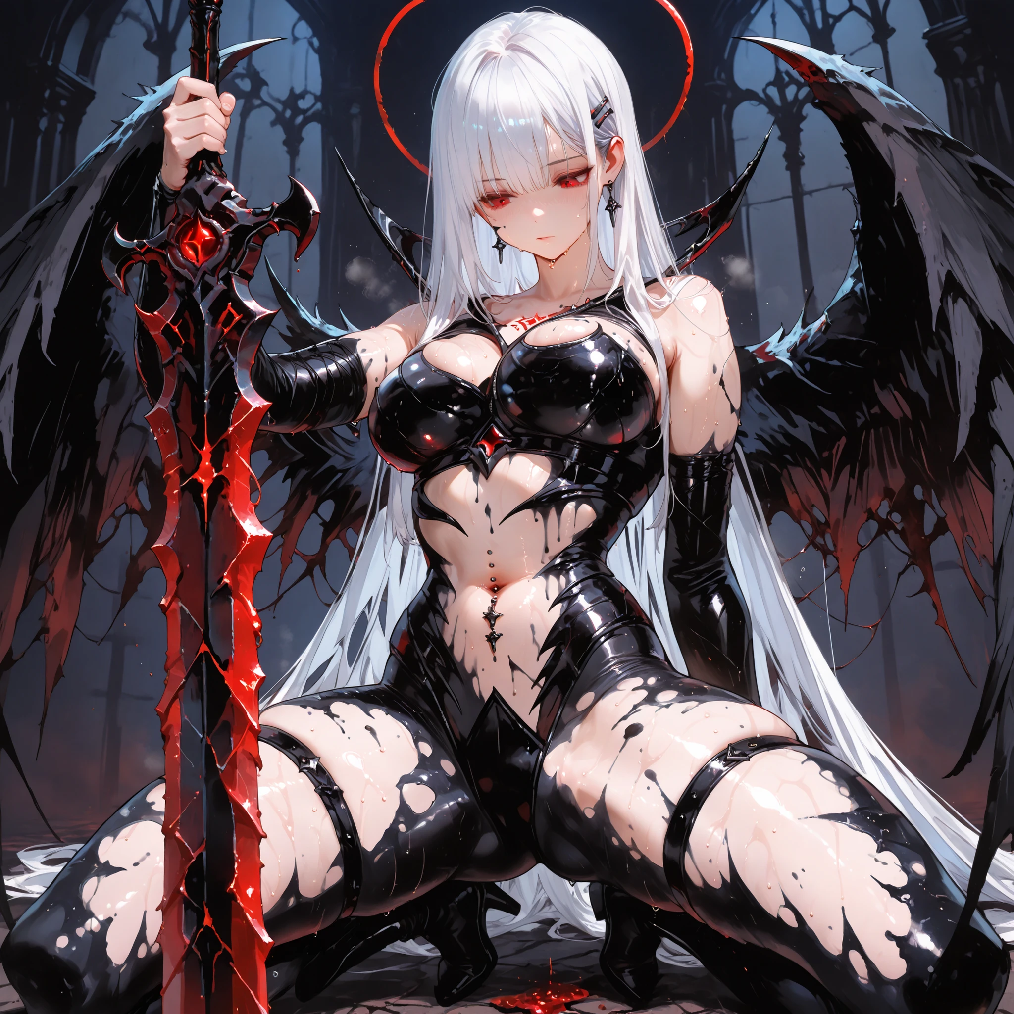 ((Best Quality)), ((masterpieces)), (detailed), perfect face, SOLO, ((((1 girl)))), ANIME, beautiful detailed eyes, long hair, long straight hair, white hair, RED EYES, sweaty body, sweat, hairclip, navel piercing, ((big breasts)), midriff, ((Cursed Sword from Monster)), black leotard, Hair fluttering, thigh strap, dark background, Demon Armor, Black body paint, Sword Armor&Wings, spread legs, expressionless, kneeling, shiny black Bodysuit
