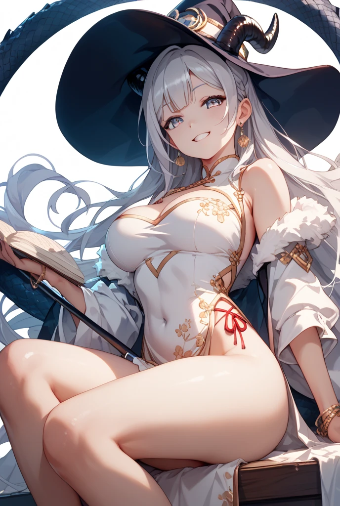 1woman, long hair, white hair, mature, parted lips, blush, sitting, witch hat, witch robe, library, light rays, glow, stockings, narrow waist, (masterpiece), wallpaper, wide angle, from above