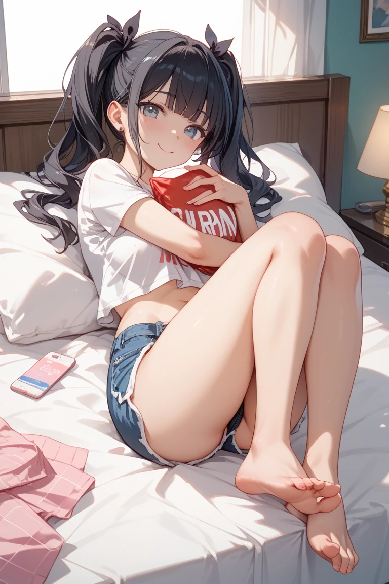 Sleeping on the couch barefoot Pink shorts White T-shirt woman high resolution