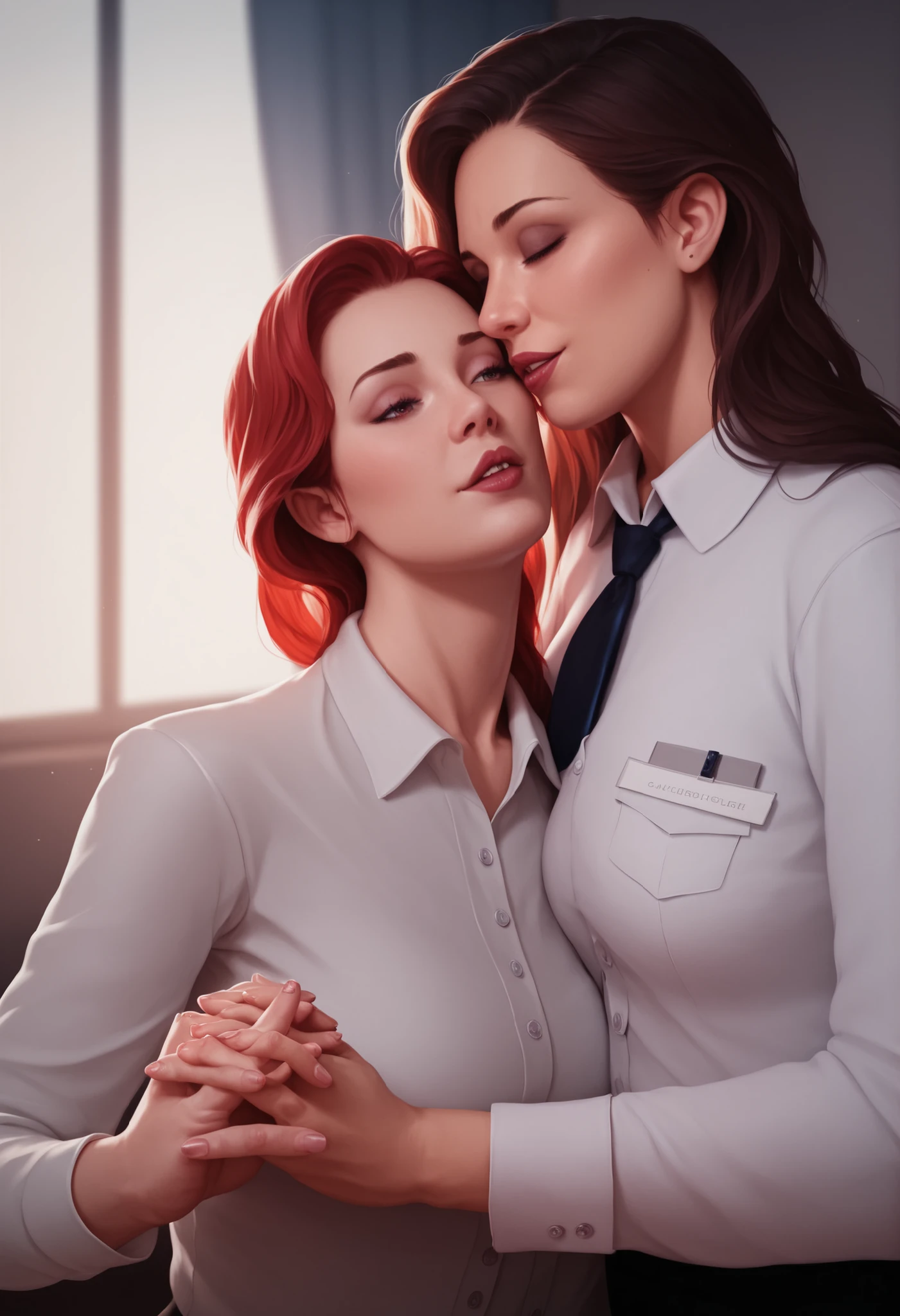 lesbian, beautiful young lesbian woman, sensual gaze, confident posture, holding hands with female partner, tender moment, intimate setting, romantic atmosphere, soft natural lighting, detailed facial features, high quality, photorealistic, 8K, professional cinematic photography, warm color palette, romantic mood