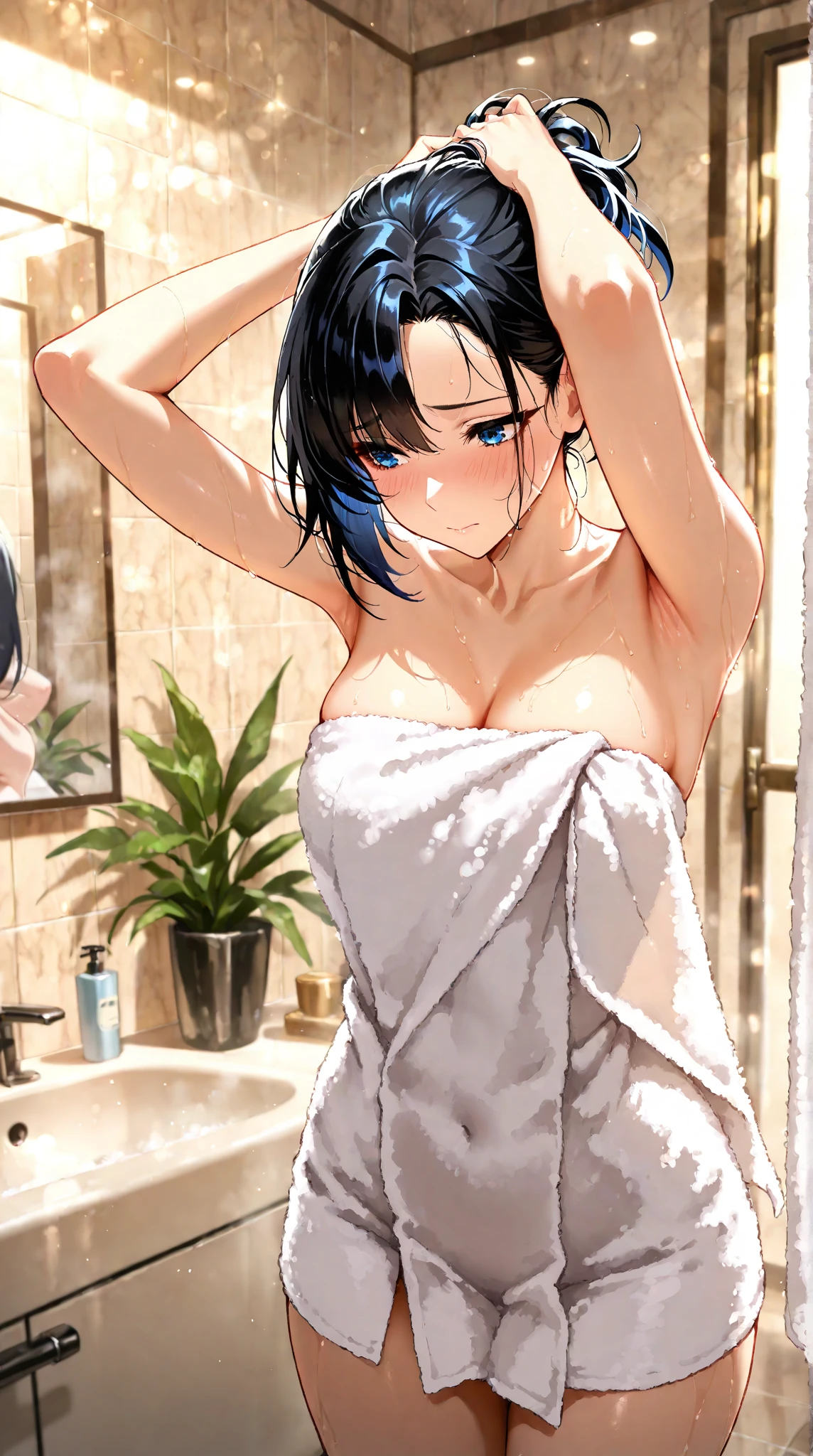 ((Extremely detailed 8K wallpaper, masterpiece, best quality)), ((girl: 1.2) shows ass with naked, (sexy look), (thin body), visible tits), (completely nude: 1.3), (torso only in the frame), (detailed face, youthful appearance, beautiful, small nude tits, short stature (bath scene: 0.9), (color: high saturation: 1.1), [168144a879]