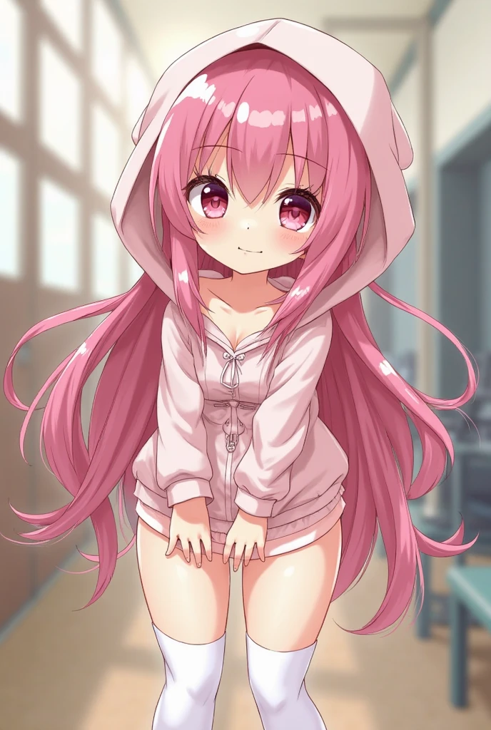 furry girl, young, rabbit, pink hair, emo hairstyle, long ponytail, anime style, flat chest, small breasts, red eyes, yellow hoodie jacket, open clothes, pink bikini, high quality, detailed body, detailed eyes, detailed face, masterpiece, glistening body, detailed body fur, best quality, one tone body fur, white body fur, skinny, rabbit ears, :3, looking at you, bedroom, mirror, selfie, holding a phone,