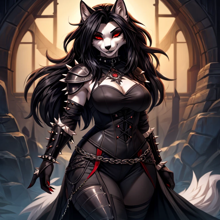 ((best quality, masterpiece, 4k, 8k, high res)), ((furry; Anthro Wolf)), most, tentacles, glowing eyes, teeth and fangs, eldritch transformation, body horror, brunette, attacking, ferocious, fangs, full body, female werewolf, sexy, vibrant colors, (edgy punk hairstyle), knight armor, well-toned abs, Victorian dress, goth corset,