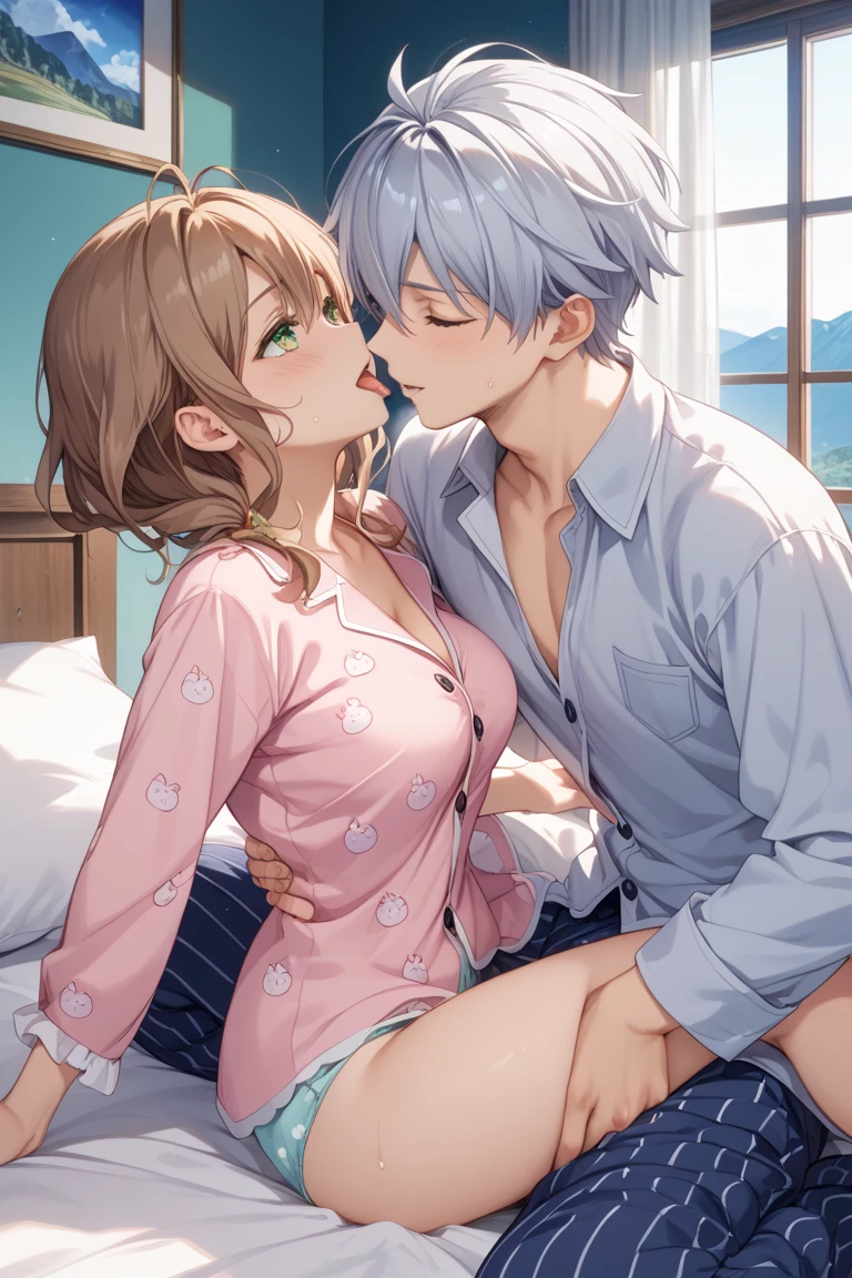 I have white pink hair, cat ears, a bun, my face is super blushing, black glasses, pink heart eyes and you are naked, a cat tail, a very shy Christian girl, making love in a hotel bed. The girl is on top of him while he is hanging inside her vagina