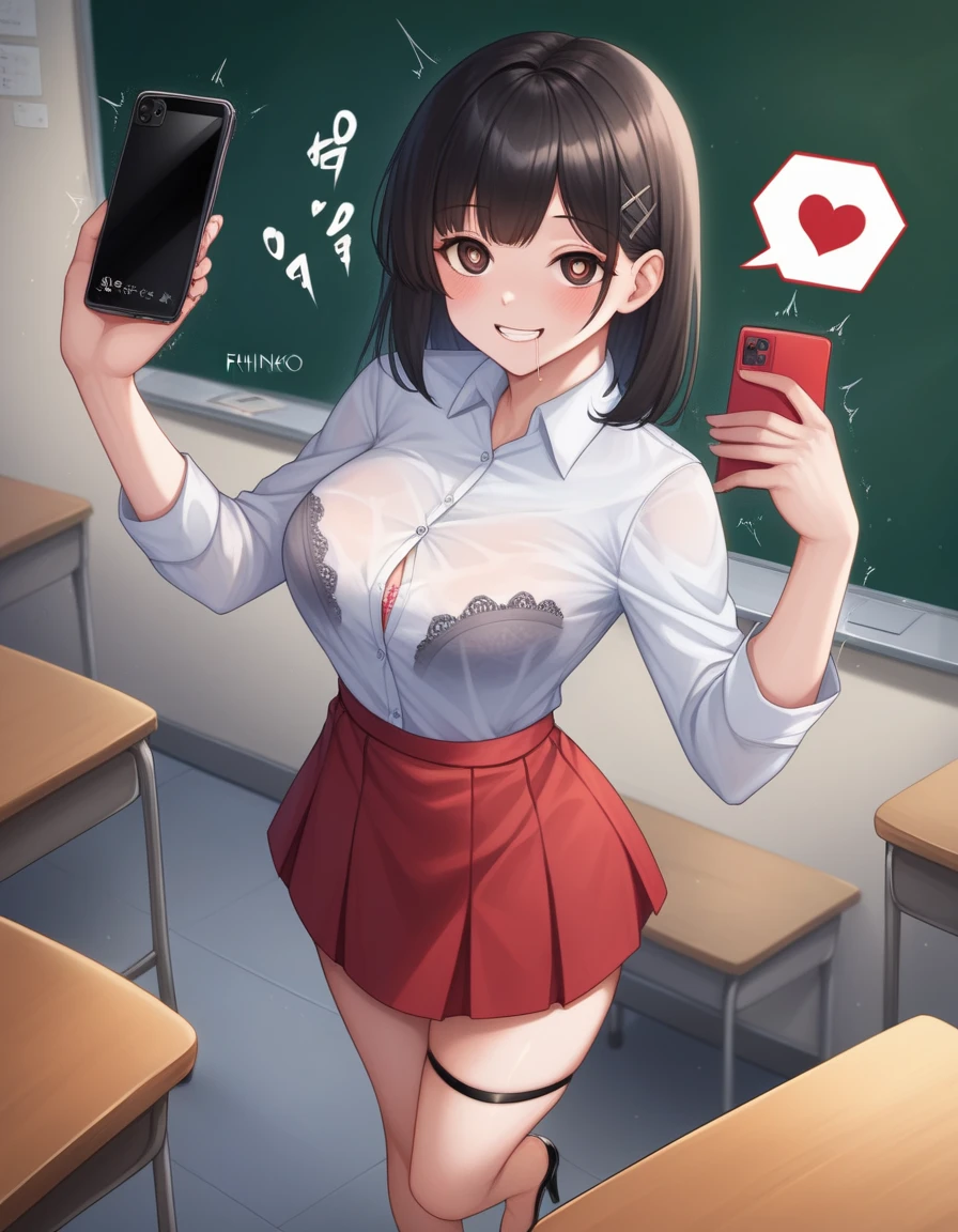 (throw_hand, pink vibrator remote switch in throw_hand, throw:1.2), highest quality, Super detailed, masterpiece, Ultra-high resolution, 8k, Ridiculous, Cowboy Shooting, Blurred, One girl, Focus on the girl, Embarrassing, blush, Lovely, Close one eye, With tears in her eyes and her mouth open, What saliva leaves behind, Wet skirt hem, (Sticky panties:1.1), Bulging of the vibrator cord, Vibrator with Garters, (cleavage), Classroom Background, (Tifa Lockhart:1.2), The skirt is accidentally exposed,(medium breasts), Accidentally exposed panties