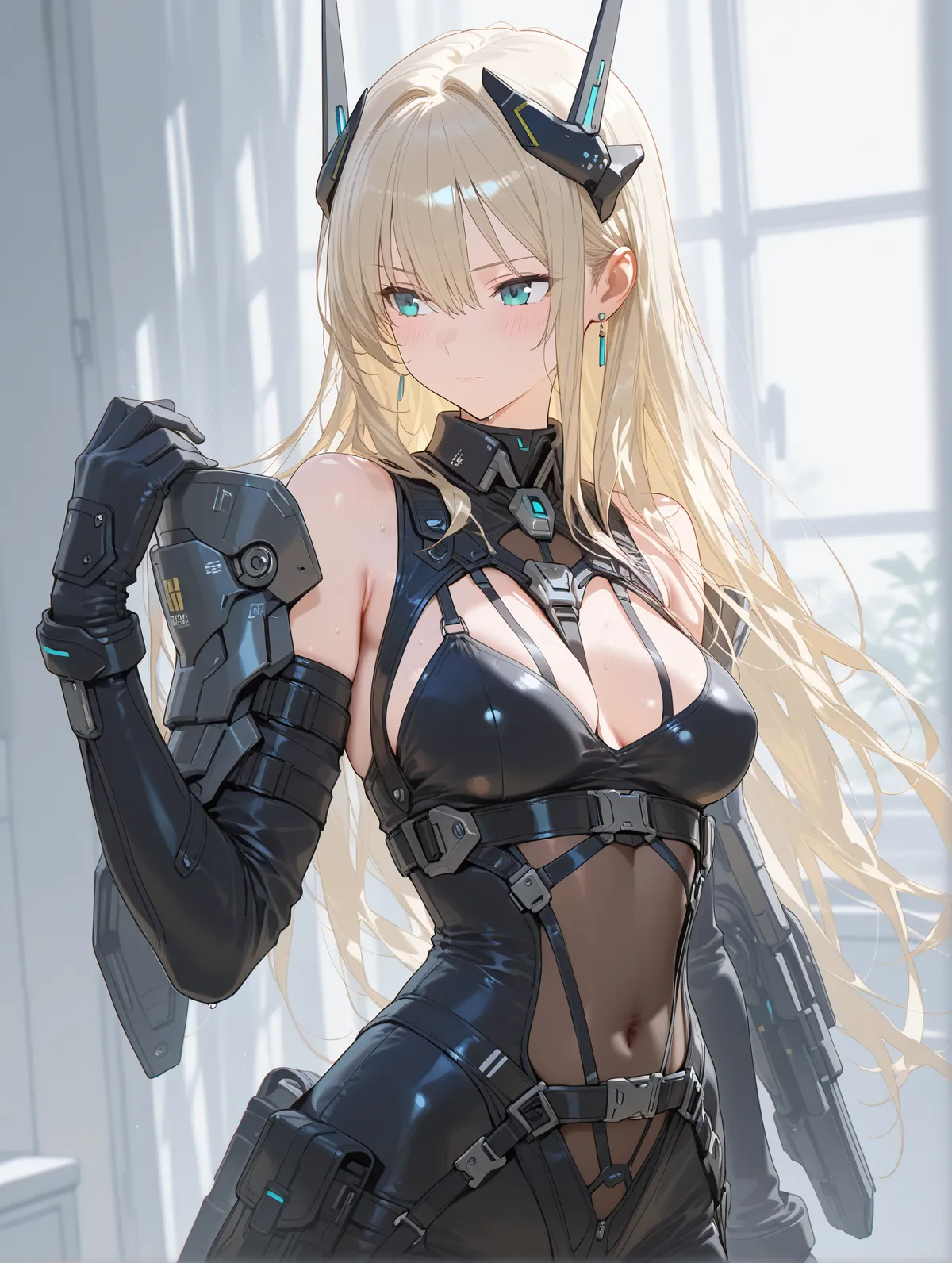 top quality, finely detail, very delicate 8k wallpaper, The beautiful girl's body is a fusion of machine and flesh, solo, blonde long hair, (dark fantasy), (Bio punk:1.5), full body, (exoskeleton suit), (perfect fingers, 4fingers and 1thumb), (mechanical joints, mechanical hand, machine leg), A near-future building covered with moss and a giant mycelium, mechanized insects, flying spores, (bare shoulder, cleavage, navel, zettai_ryouiki),
