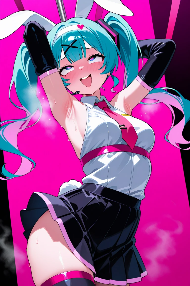 hatsune miku, 1girl, very sexy revealing bright outfit, cute mature smiling face, fishnets on legs and hands, hatsune miku, on dark japanese background, laced revealing shirt, pink stripped tight fitted skirt
