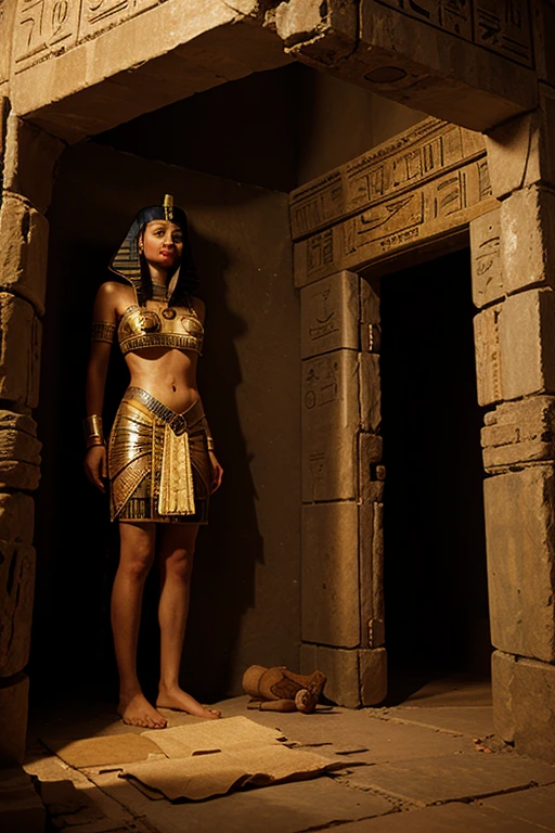 ancient egyptian costume, exposed breasts and nipples.queen of ancient egypt, exhibited in the museum,bathed in light ,lying in the showcase, surprised face,Full of scars, An ancient mummy unbandaged, modern museum,