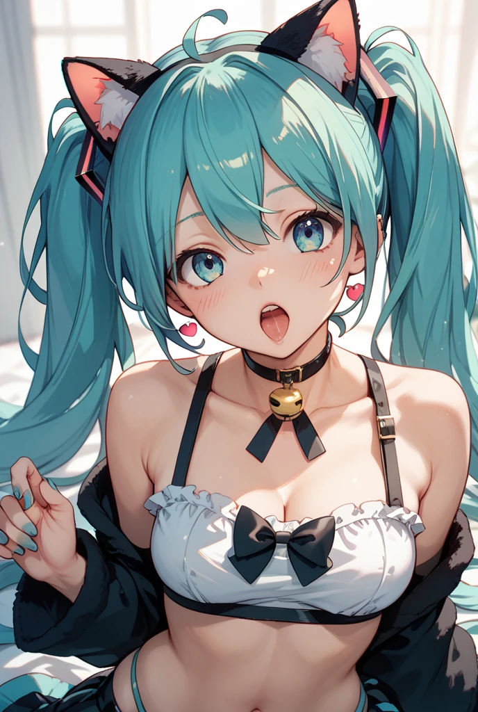 Hatsune Miku, sucking lollipop, Yellow eyes, Cat ears, Super big breasts,Open mouth drooling,Blushed