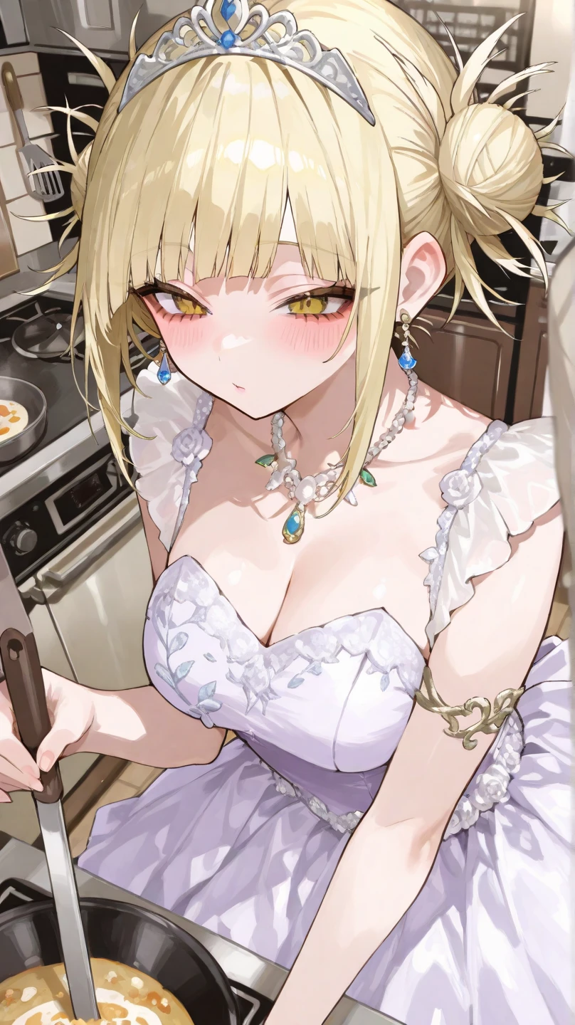 score_9, score_8_up, score_7_up, score_6_up, score_5_up, score_4_up, source_anime, slime girl, aquamarine skin, frilly transparent black dress, flower wreath crown, in kitchen, (holding big sharp knife), chibi, cute, solo, depth of field, good bokeh, detailed, beautiful