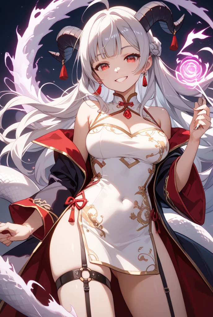 white hair, bangs, hair behind ear, long hair, kanzashi, eye reflection, earrings, light smile, bright pupils, anime style, first-person view, textured skin, masterpiece, high details, best quality, wearing traditional Japanese costume, large breasts, floral embroidery, Japanese style, white shoulders, Pearl Necklace