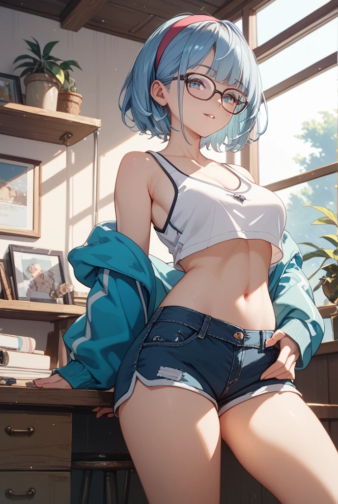 (the Extremely Detailed CG Unity 8K Wallpapers)、top-quality、独奏、1girl in、beatiful detailed eyes、Bright pupils、(extremely delicate and beautiful)、(Beautiful and detailed eyes description)、ultra-detailliert、masterpiece、))、Colossal tits、atlibrary、Put your hands on your chest、Photorealsitic、Sailor Mercury、lightblue hair、Big buttocks、student clothes、eye glasses、spats、short-cut、Open your legs、Stick out your buttocks