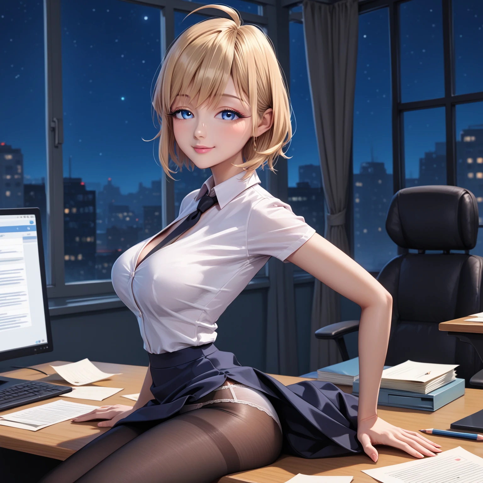 (masterpiece, best quality:1.2), 1girl, solo, sitting, office chair, desk, computer, coffee mug, short hair, large lips, bangs, blonde hair, brown eyes, large breasts, blue shirt, labcoat, pencil skirt, earrings, mole under eye, makeup, lipstick, red lips, legs crossed, leaning over,