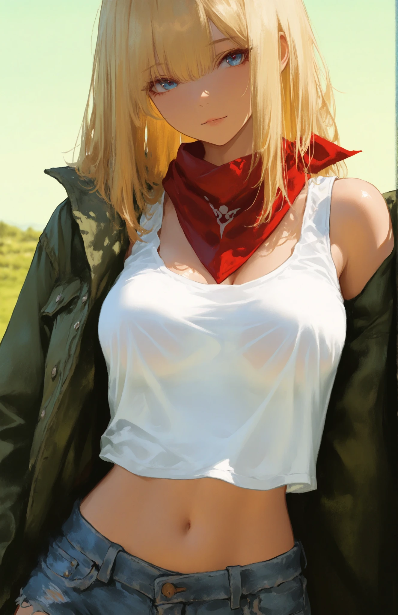 score_9, score_8_up, score_7_up, score_6_up, uncensored, angelica, blonde hair, braid, hair bun, red eyes, BREAK (masterpiece:1.2), best quality, high resolution, (beautiful detailed eyes:1.3), perfect lighting, (perfect hands, perfect anatomy), large breasts, casual, white tanktop, crop top, hotpants, red cardigan, black legwear, dynamic pose, cowboy shot, field, anime coloring, vivid colors, horizon, lens flare, 
