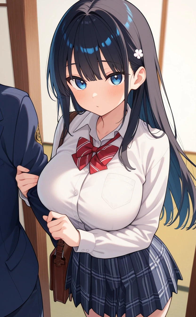 (((masterpiece, Highest quality, High resolution, 超High resolution, Perfect Pixel, Depth of written boundary, 4K, RTTX 10.0))), Beautiful Anime Woman, Beautiful art style, Anime characters, ((Smooth texture, Realistic texture, Anime CG Style)), Exact finger count、Exact number of legs、(Exact number of arms:1.0, Exact number of hands:1.0), (Perfect hands, Perfect Anatomy.1.5), Cinematic, Realistic, Extremely detailed CG, Daytime lighting, Perfect lighting, Best Shadow, The best natural light, whole body, Perfectly balanced style, A perfectly balanced body, Slender body, whole body, ((bangs, Dark brown hair, Stylish and cute bob cut)), (Sailor suitを着た大人の女性が立ったまま後ろの男性に服の上から胸を揉まれいる:1.3), (povbreastgrab,pov hands,breast grab:1.4)、Exact number of hands,  (Fashionable white shirt, Sailor collar, Sailor suit, Navy pleated mini skirt, Panties on legs:1.3), (Embarrassed expression:1.2), blush, (sexual pleasure expression:1.4), (Holding in pee:1.2)、Patience is the limit、On the brink of climax, (On a crowded train, Lots of people in the background:1.3), (pussy juice:1.2)