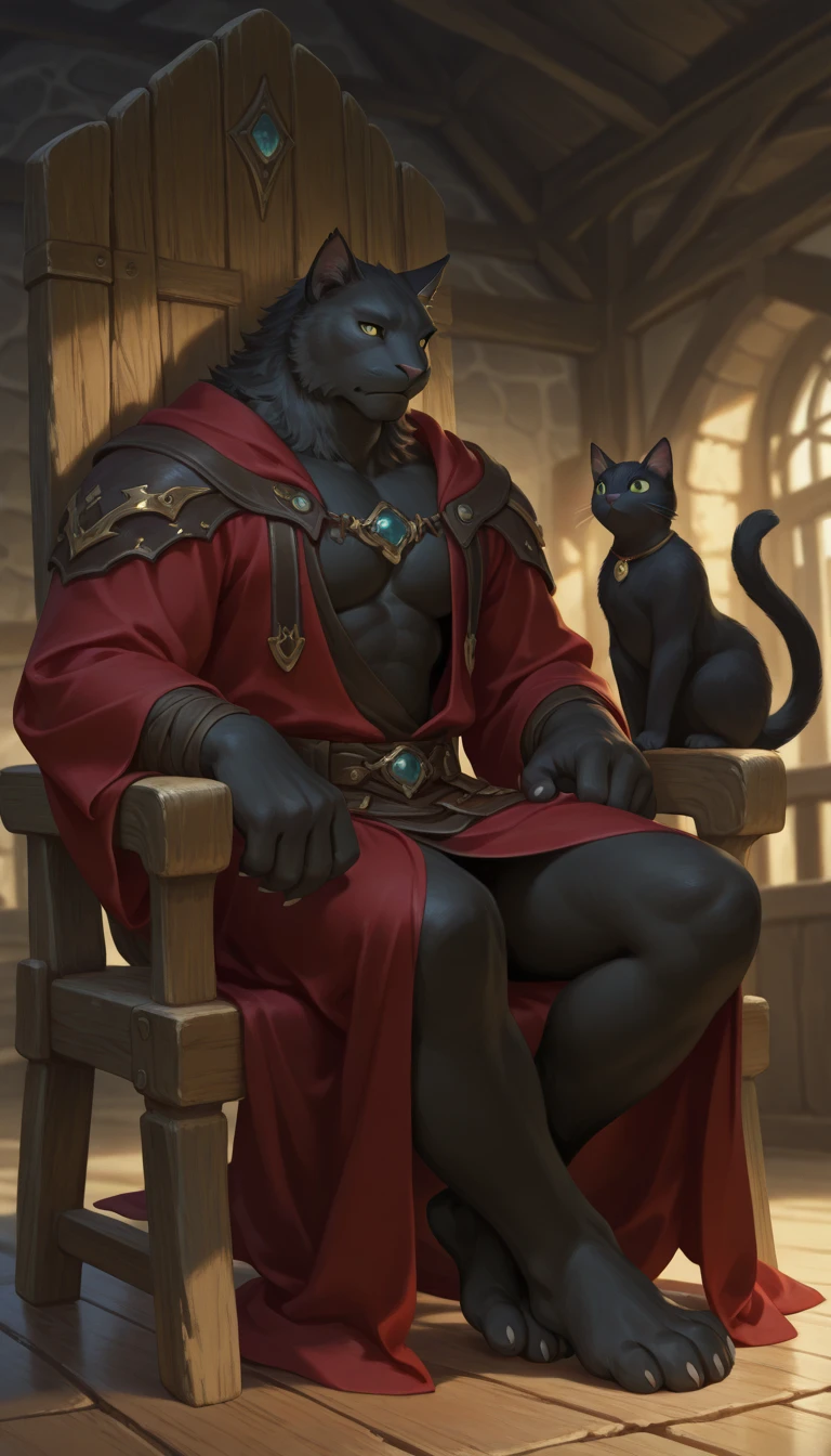 uploaded to e621.net, masterpiece, 8k, hyena, male, gray hair, king, soft figure, heavy, chubby, muscular, barbarian outfit, laughing, brown leather outfit, beige fur, spots, bare paws, wooden throne, seated, huge bulge, detailed crotch, penis outline, primitive keep, stone room, treasures, (crowded:1.3), (figures in background:1.5), (muscular guards:1.2), longhouse, by darkgem, by meesh, by bng, by duase, 