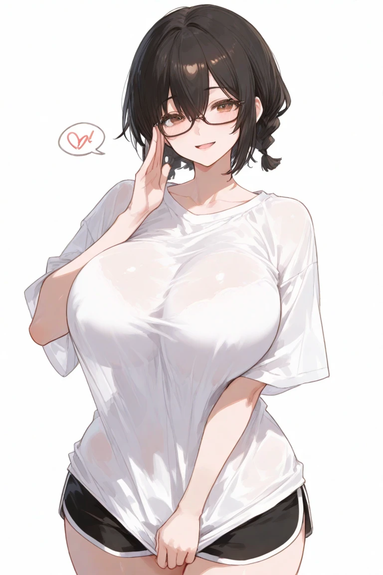 White clothes, glasses, 1girl, navel piercing, breasts, piercing, solo, goggles on the head, animal ears, black hair, navel, big breasts, drooping boobs
