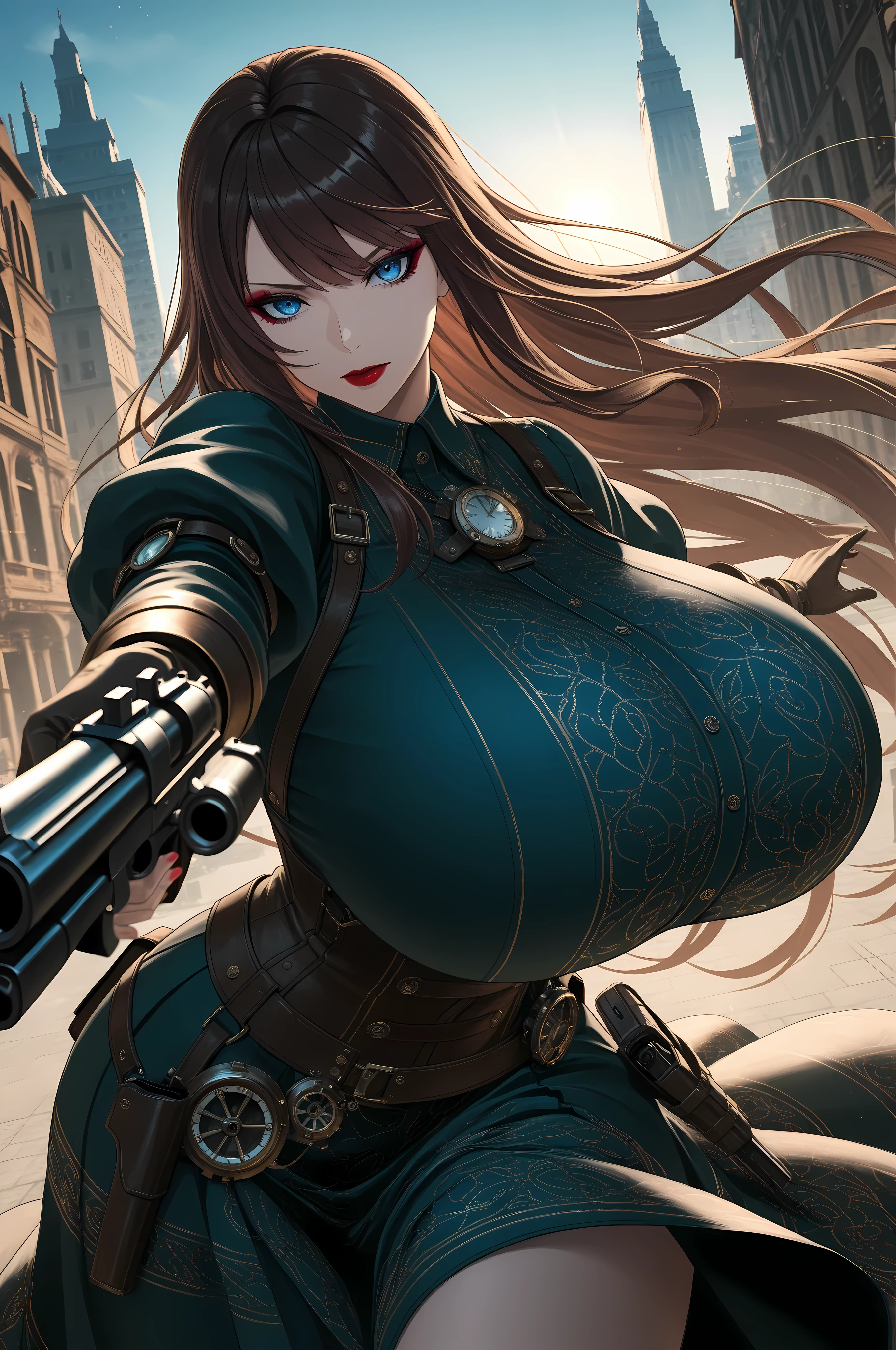 8k, detailed eyes, depth of field, subject focus, masterpiece, best quality, high quality, absurdres, highres,
solo, brown hair, long hair, blue eyes, eyeliner, makeup, lipstick, voluptuous body, gigantic breast, ethereal beauty,
steampunk, detailed fabric, celtic dress, runic patterns, gun,
close up, looking at viewer, action pose, dynamic pose, dynamic angle,
outdoors, city, (volumetric lighting:1.1), (cinematic atmosphere:1.1),