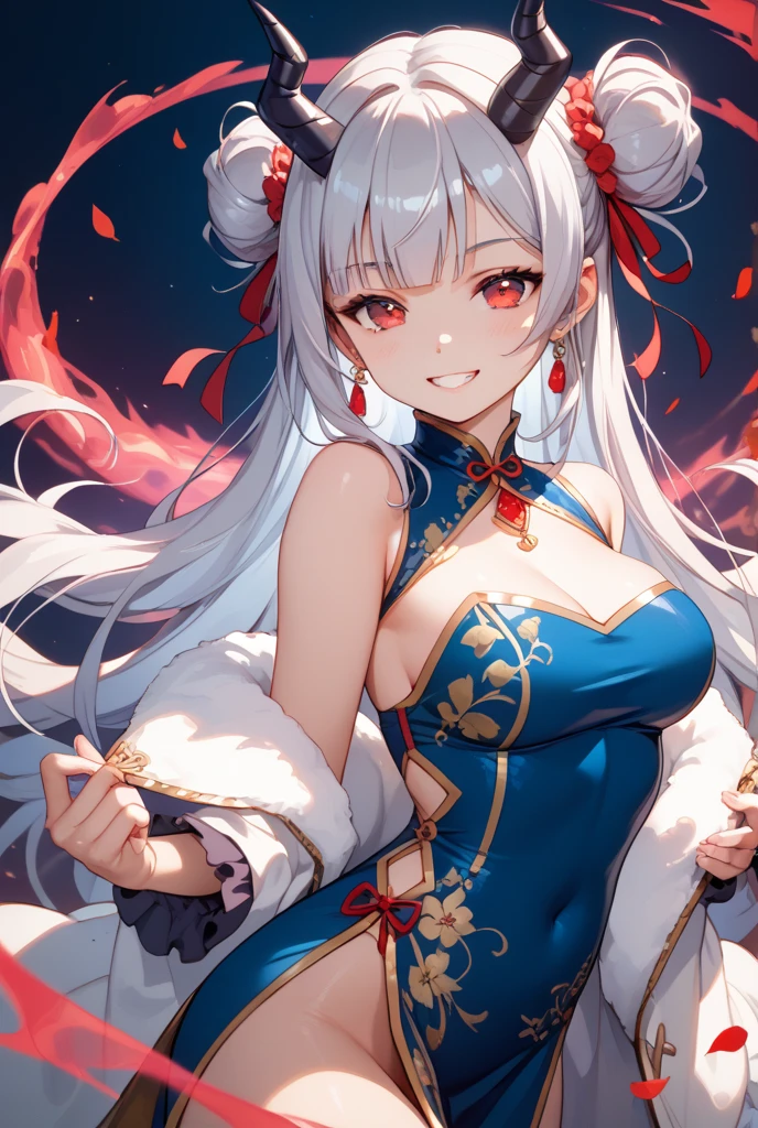 Silver Hair、Twin tails、Red gradient hair、Navy blue hair ornament、Golden hair ornament、Red and navy blue odd eyes、smile、Grown-up、White Chinese Dress、red decoration、Navy blue decoration、Golden decoration、Silver decoration、Shoulder Bare、Chest、tights、Chinatown