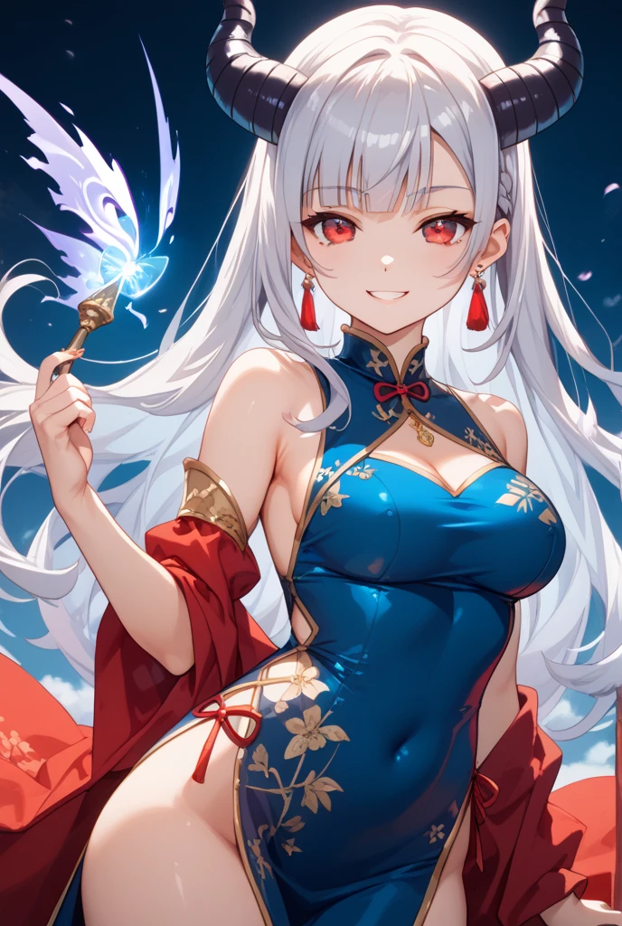 anime woman，1 girl，young girl，Aristocratic dresses，Chinese Dresses，kimono，(blue eyes)，(droopy eyes)，long white hair，straight hair，long hair，Patsun bangs，shell hair clip，clear skin，standing position，anime super breasts，beautiful thighs，beautiful hands，perfect hands，perfect fingers，(Facing diagonally to the right)，(masterpiece)，high quality，HD，4K，The figure is good，garter belt，Absolute area
