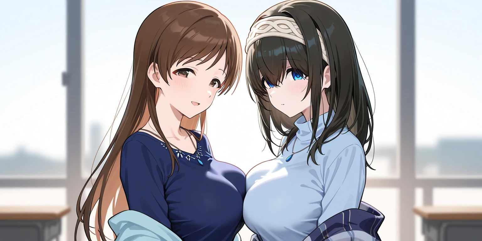nozomitoujou, nozomi toujou, ayase arisa, dark hair, curly hair, nice breasts, masterpiece, best quality, high resolution, beautiful detailed eyes, extremely detailed face, good lighting, detailed CG, messy hair, indoors, cleavage, (2girls), (multiple girls), (age gap, mother and daughter, family, MILF and teenaged girl), (facing each ither, kiss)