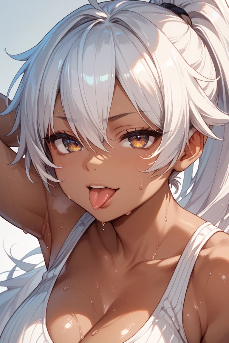 Highest quality, 8K, 4K, High resolution, High Contrast, The upper body is visible,1girl,only,Beautiful silver hair,Medium Hair,(Beautifully detailed face),Red, clear eyes,Upper Eye,She has big breasts,20generation, (((Dark skinned women, Sunburned)))