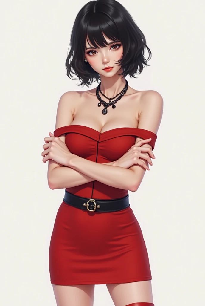 one asian girl, ada wong, solo, abs, slender body, (upper body, bust:1.2), black eyes, black hair, pixie haircut, choker, (red dress, tiny ???????, small ???????, male ?????, cleavage, exposed ???????, open ???????, ????? ???????:1.5), ???? shoulders, belts, shoulder-belts, masterpiece, highly detailed, look at viewer, shiny blured orange background, gradient sprayed background, front view, gradient red purple background, blured background, glowing edges of image
