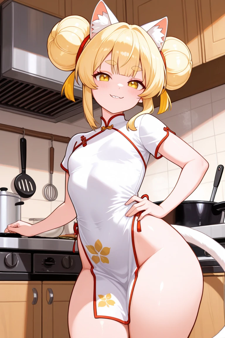 Revealing clothing,tits,belly button,Pussy,light brown skin,Pink nipples,light brown skinのtits,Animated cartoon character holding a plate of food in his hand, change, Twin tails white_gloves, Twin tails,, Black,  change in dress, , Also, Sketchy art style, An anime character wearing beige Chinese clothing