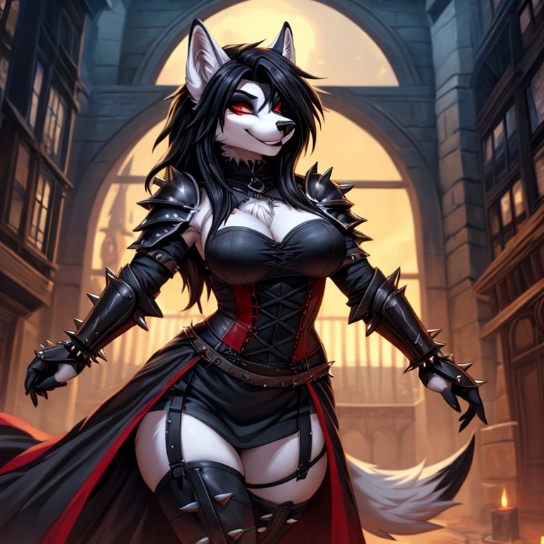((best quality, masterpiece, 4k, 8k, high res)), ((furry; Anthro Wolf)), red hair, dynamic fighting pose, ferocious, fangs, full body, female werewolf, sexy, vibrant colors, (edgy punk hairstyle), knight armor, well-toned abs, Victorian dress, goth corset,